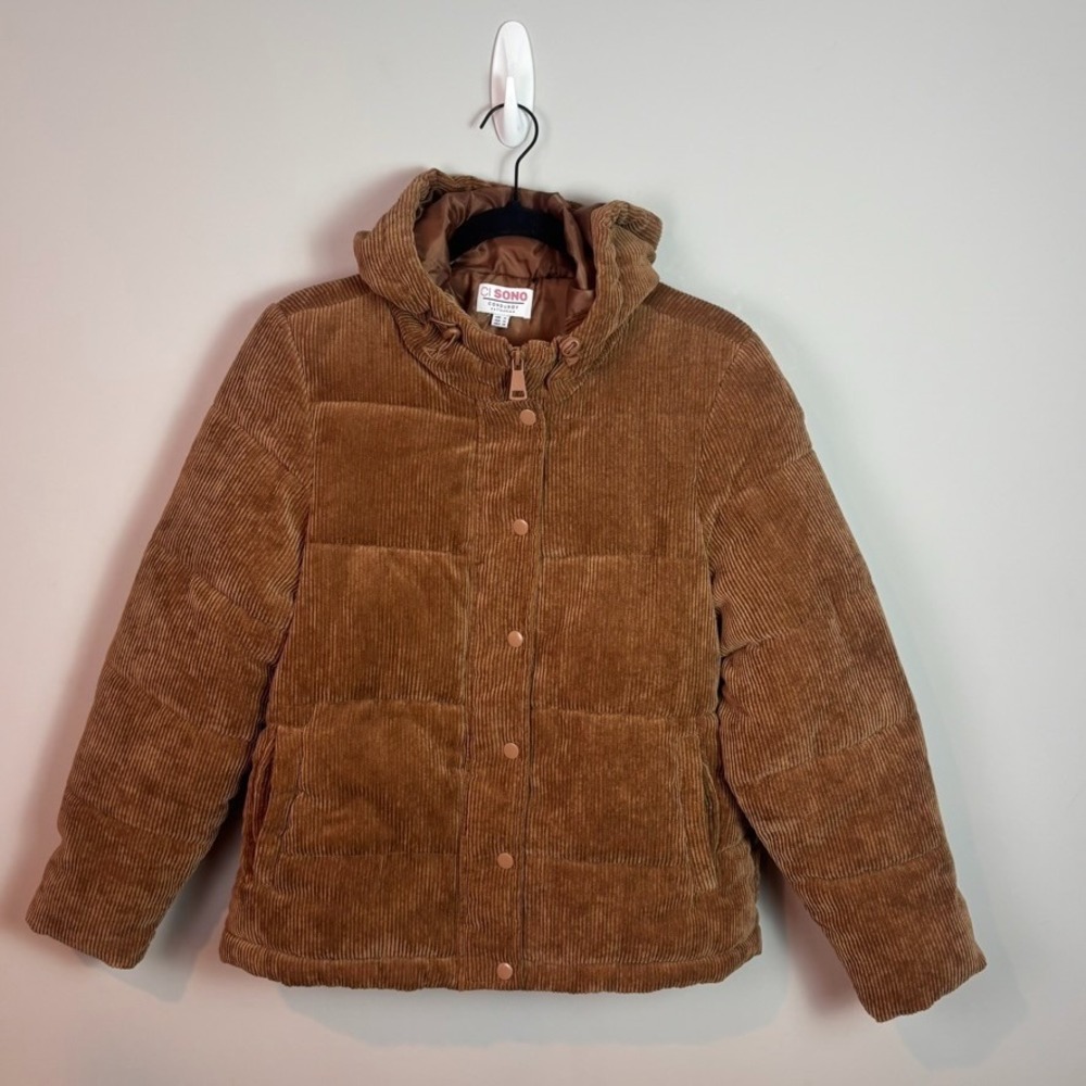 Ci Sono Womens Brown Quilted Corduroy Hooded Puffer Jacket size MED Fall Warm
